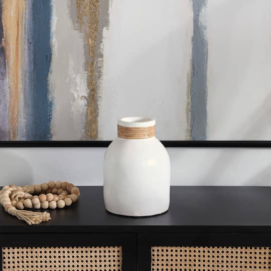 11" White Ceramic Vase with Wrapped Rattan Detailing